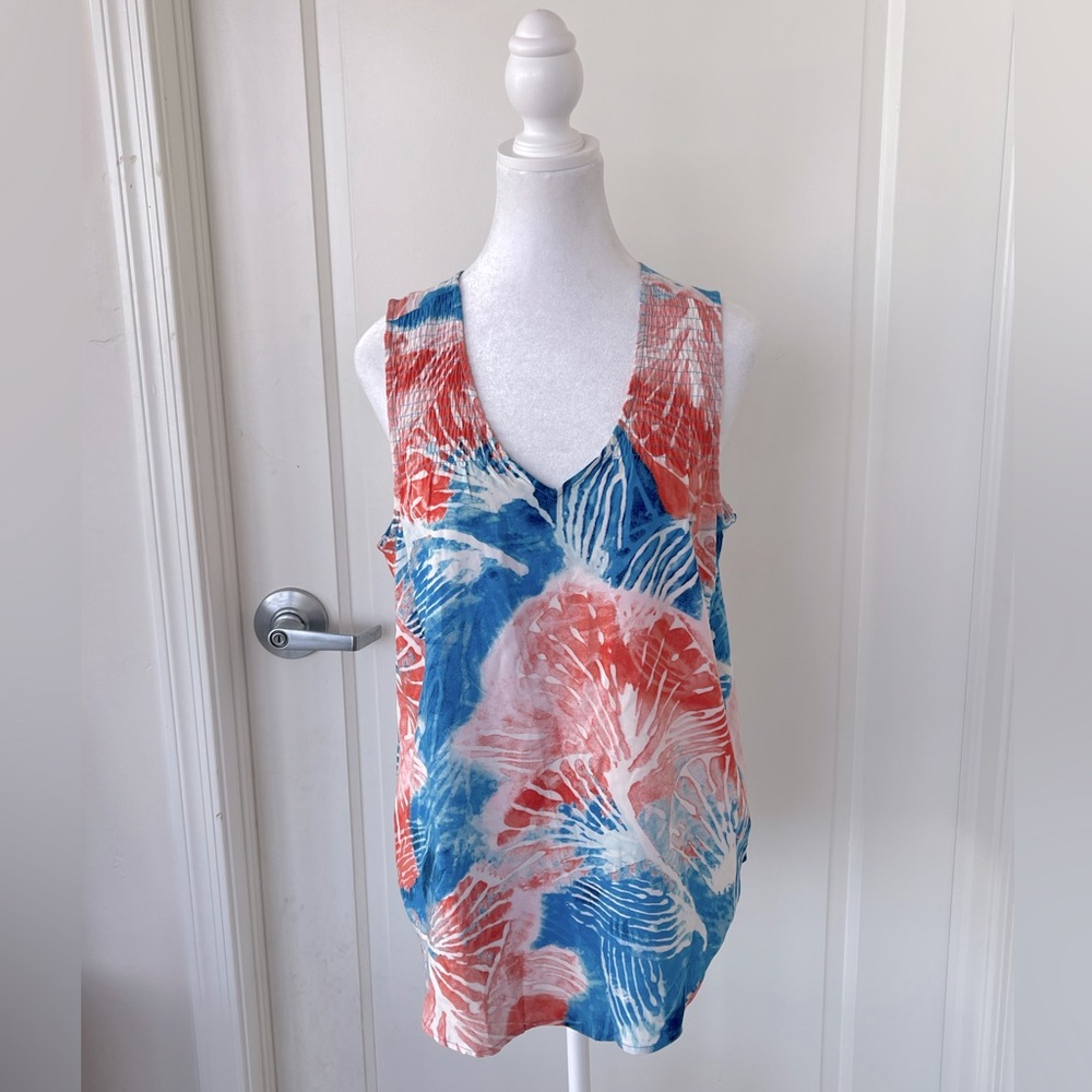 Nic +Zoe Cool & Breezy Orange Blue/White Tye Dye Tropical Print Tank Top Size M